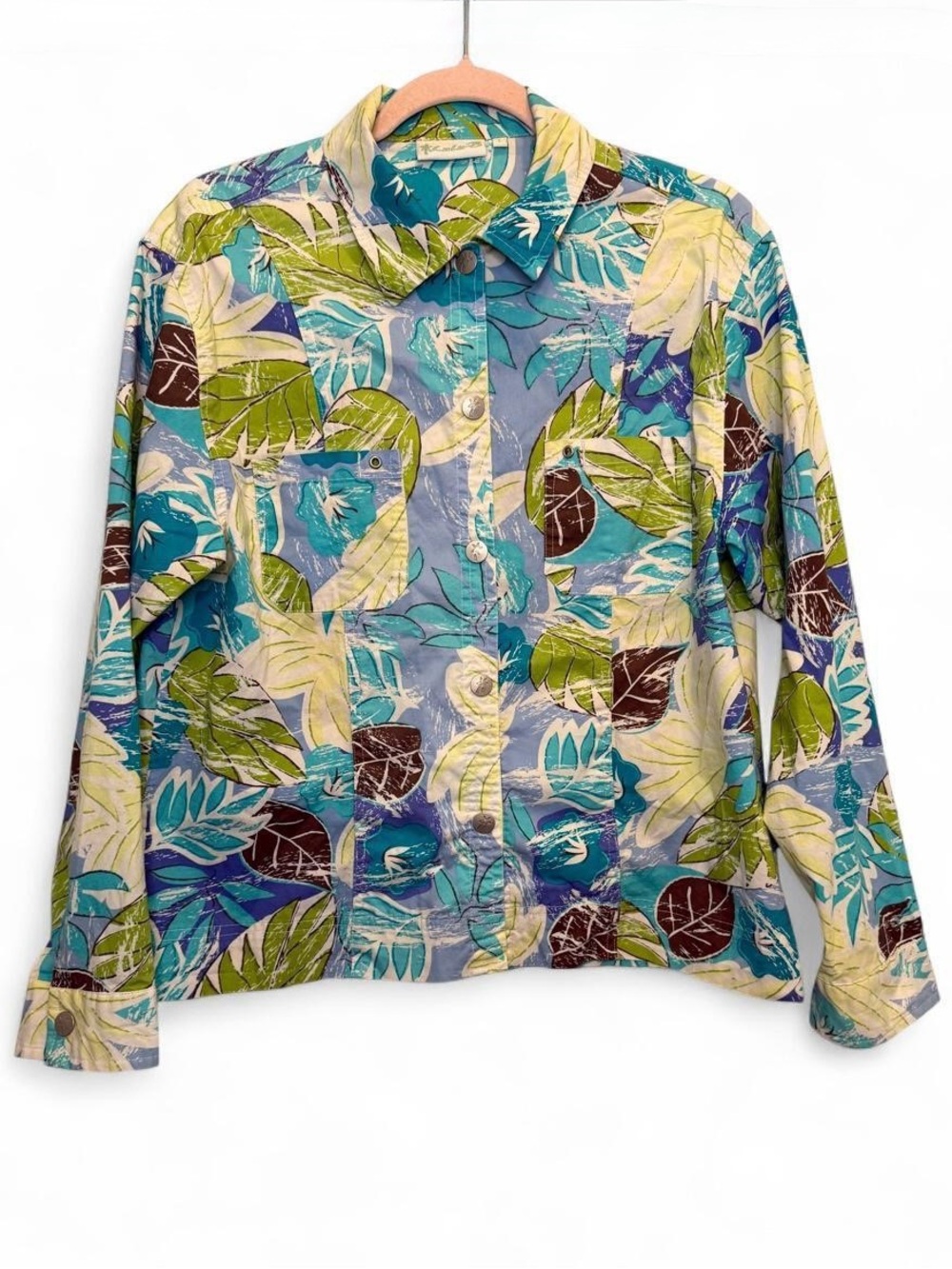 Lulu-B Tropical Print Button Up Lightweight Jacket Large Coastal Casual Layering
